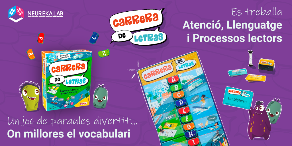 Carrera de letras: Un joc de paraules divertit on millores el vocabulari. Es treballa l'atenció, el llenguatge i els processos lectors.